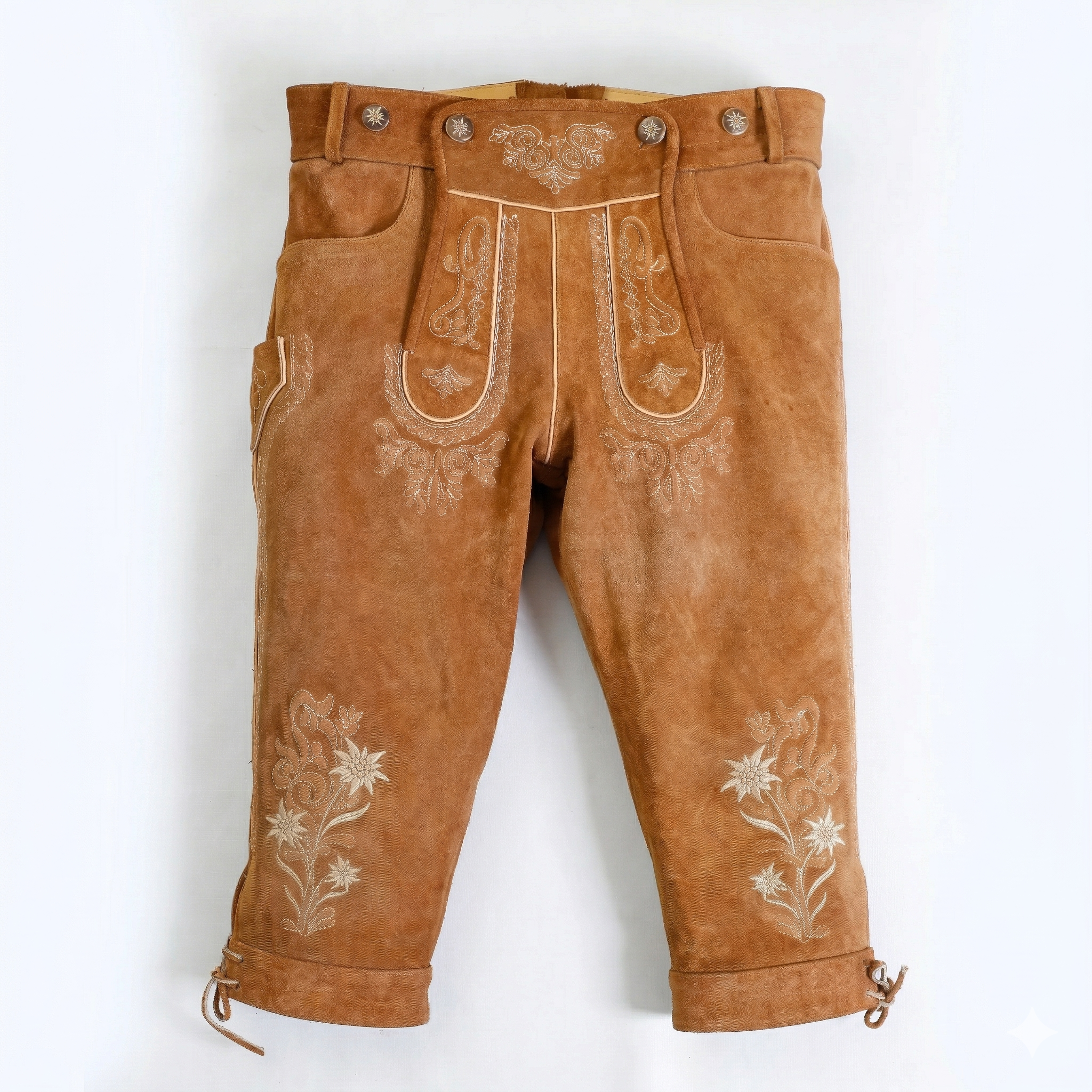 Vintage Natural Brown Bundhosen with Floral Embroidery & Classic Trachten Detail