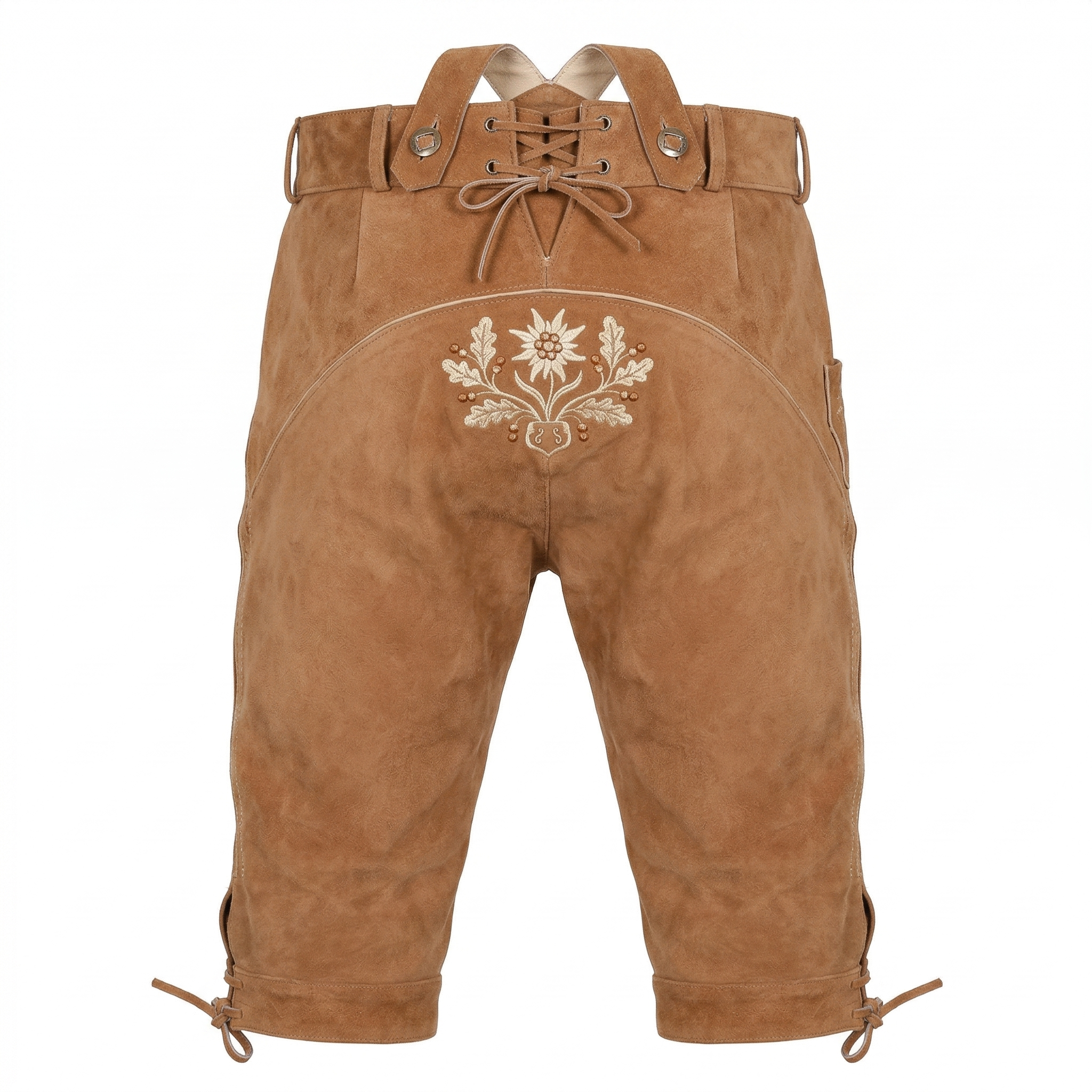 Vintage Natural Brown Bundhosen with Floral Embroidery & Classic Trachten Detail - Image 2