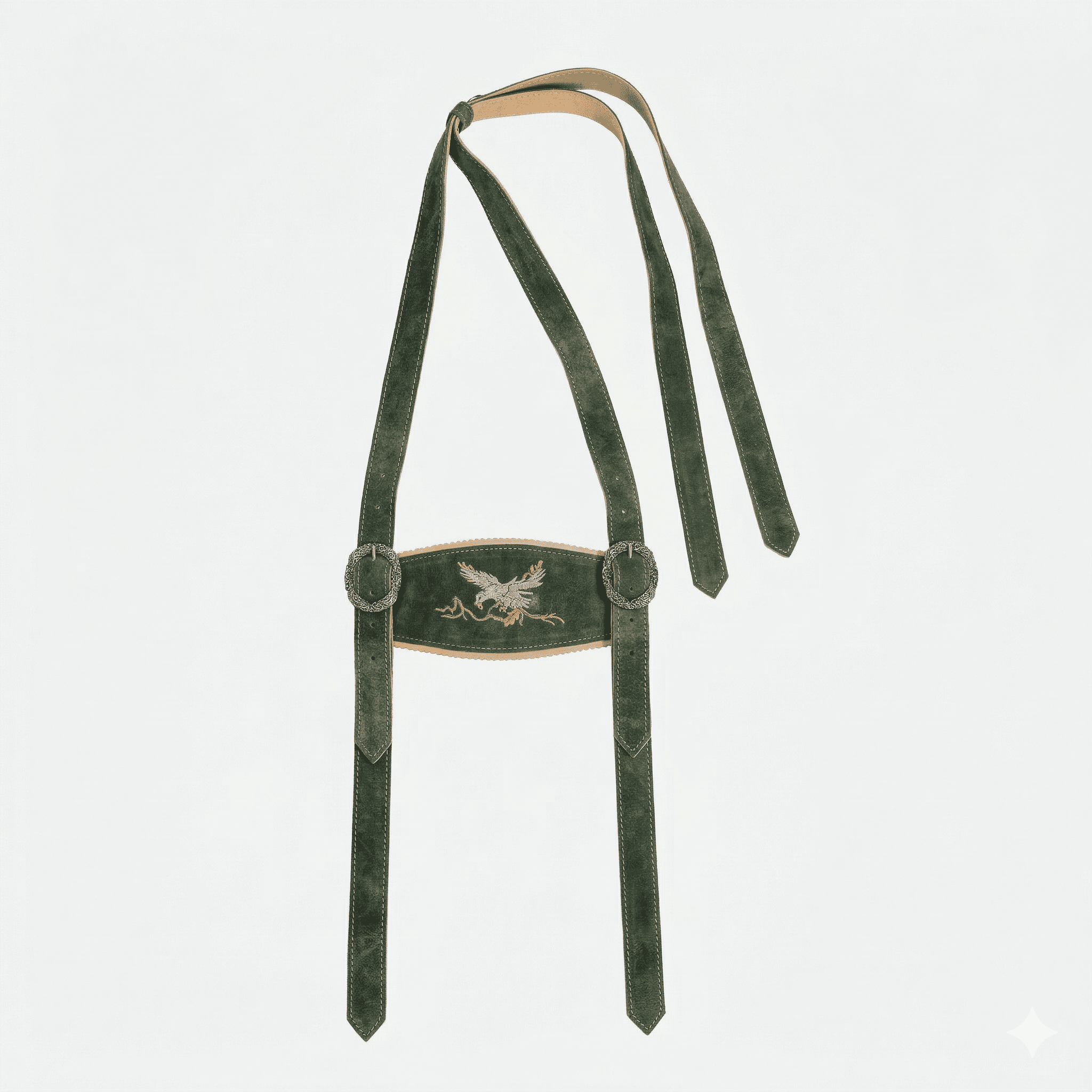 Men’s Forest Green Lederhosen Suspenders with Embroidered Eagle Motif & Adjustable Straps