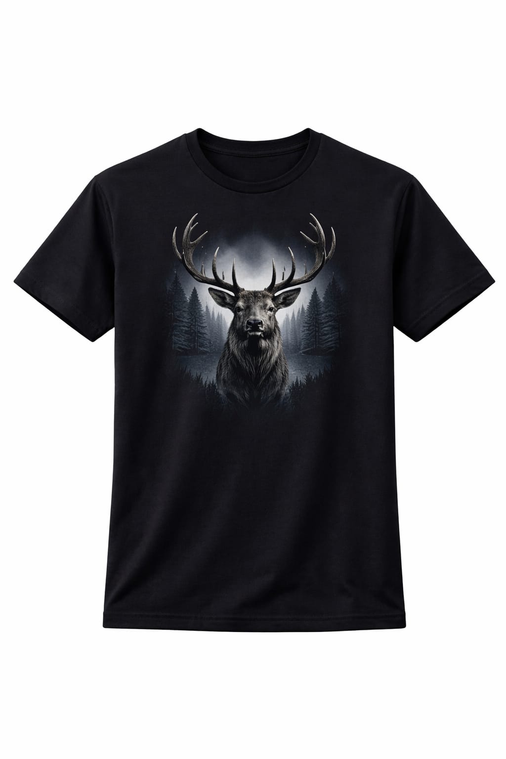 Midnight Black Bavarian T-Shirt with Bold Stag Portrait & Alpine Night Scene