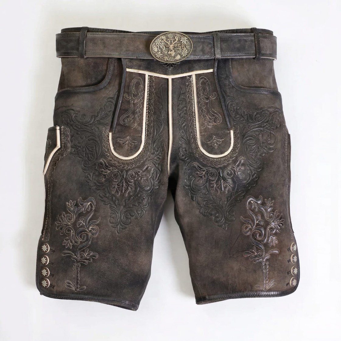 Vintage Graphite Alpine Lederhosen with Embossed Detailing & Classic Buckle LH-DS-002.